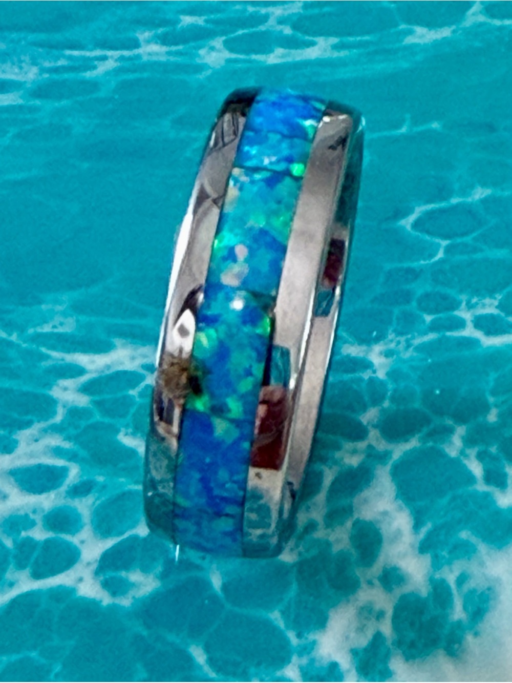 Blue Opal Inlay Tungsten Men's Ring